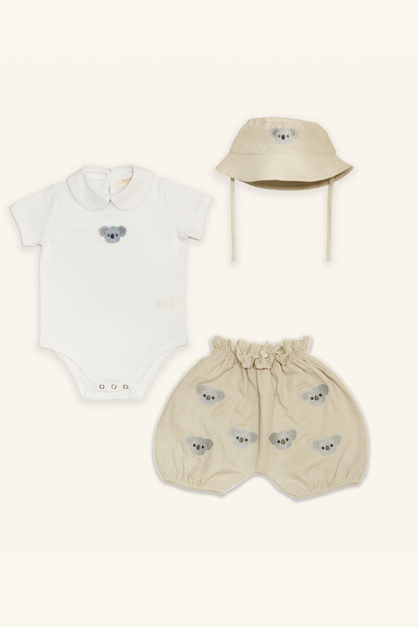 Organik Pamuk Müslin Balon Şort-Body-Şapka Takım MAVI
