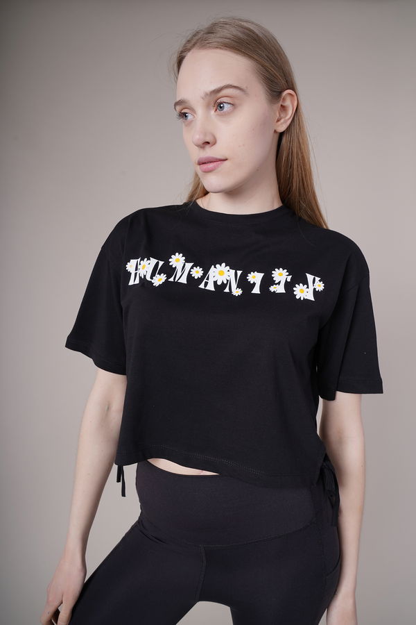 Papatya Baskılı Yan Bağcıklı Mini T-shirt SIYAH Papatya Baskılı Yan Bağcıklı Mini T-shirt SIYAH