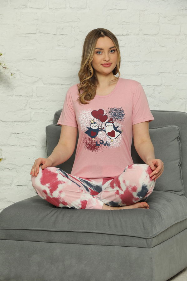 Penguen Baskılı Kısa Kol Pijama Takımı PEMBE Penguen Baskılı Kısa Kol Pijama Takımı PEMBE