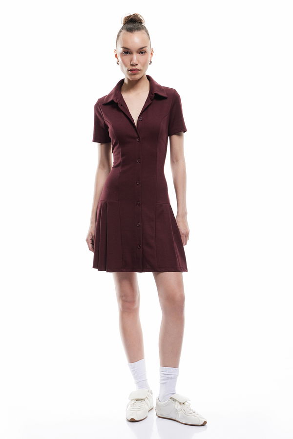 Koton Pileli Mini Polo Yaka Kadın Elbise BORDO Koton Pileli Mini Polo Yaka Kadın Elbise BORDO