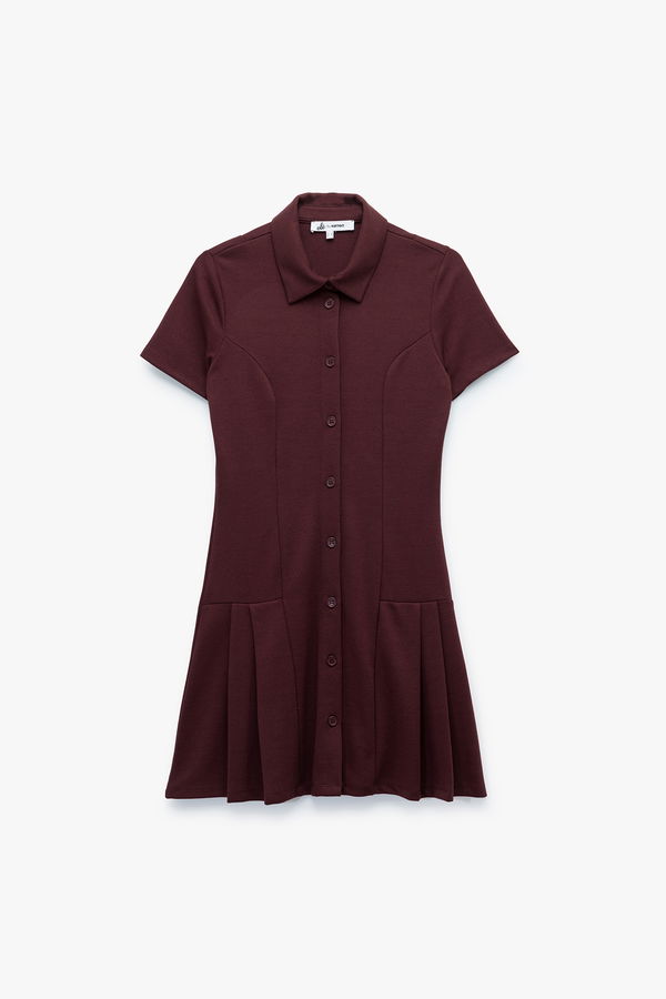 Koton Pileli Mini Polo Yaka Kadın Elbise BORDO Koton Pileli Mini Polo Yaka Kadın Elbise BORDO