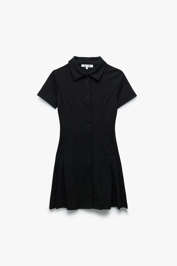 Koton Pileli Mini Polo Yaka Kadın Elbise SIYAH Koton Pileli Mini Polo Yaka Kadın Elbise SIYAH