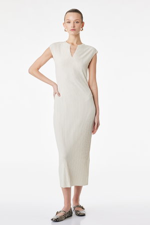 Koton Regular Fit Yuvarlak Kesik Yaka Midi Kolsuz Elbise BEJ