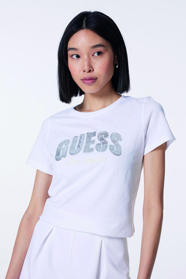 Guess Baskılı Kadın T-shirt BEYAZ