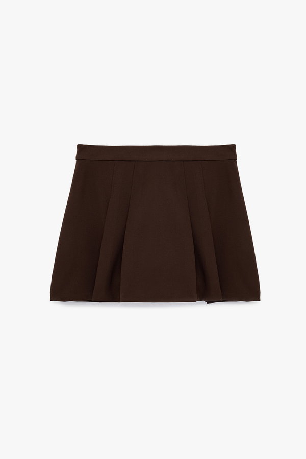 Koton Standart Bel Pileli Şortlu Mini Etek KAHVERENGİ