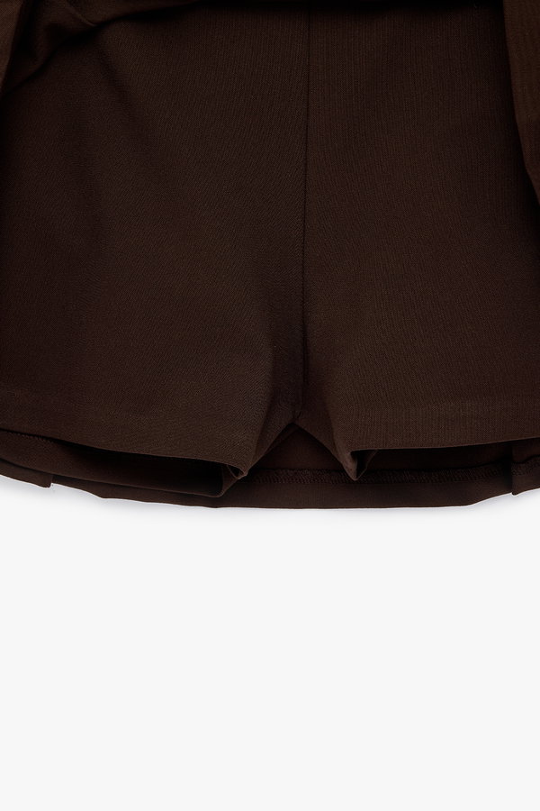 Koton Standart Bel Pileli Şortlu Mini Etek KAHVERENGİ