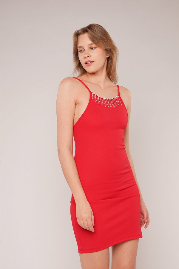 Gabria Taş Detaylı Askılı Elbise Kırmızı