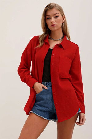 Gabria Tek Cep Keten Gömlek Kırmızı Gabria Tek Cep Keten Gömlek Kırmızı