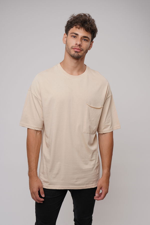 Tek Cepli Oversize T-shirt BEJ