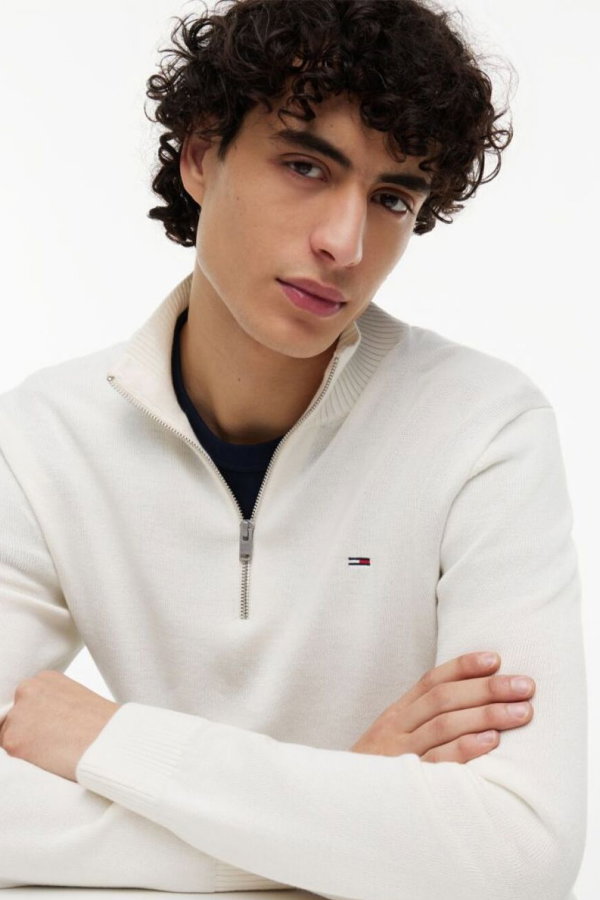 Tommy Hilfiger Erkek Yarım Fermuarlı Dik Yaka Kazak Beyaz