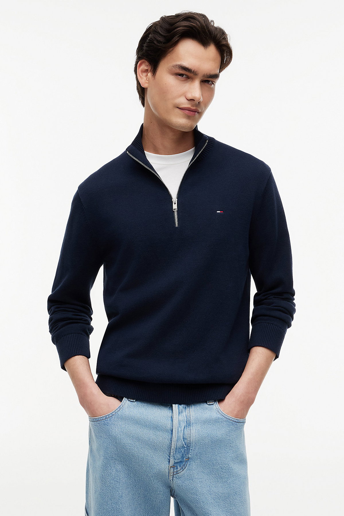 Tommy Hilfiger Erkek Yarım Fermuarlı Dik Yaka Kazak LACIVERT