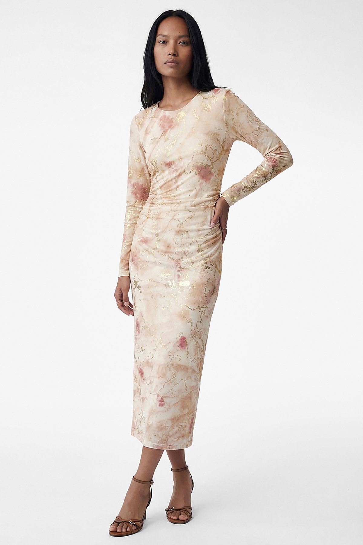 Koton Uzun Kollu Batik Desenli Varak Baskılı Parıltılı Bodycon Kalem Elbise PEMBE