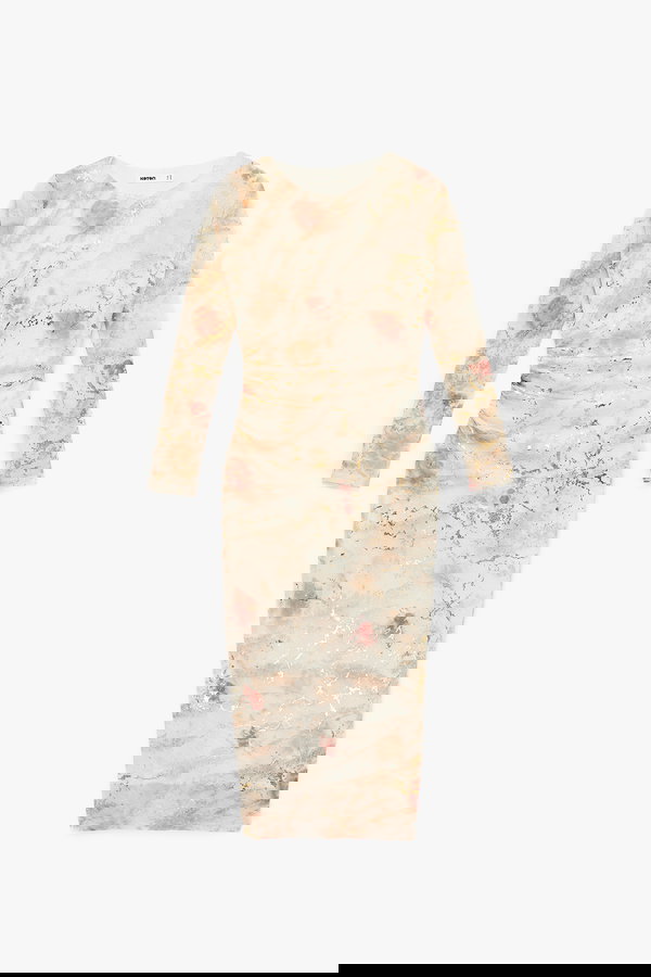 Koton Uzun Kollu Batik Desenli Varak Baskılı Parıltılı Bodycon Kalem Elbise PEMBE