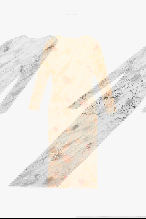 Koton Uzun Kollu Batik Desenli Varak Baskılı Parıltılı Bodycon Kalem Elbise PEMBE