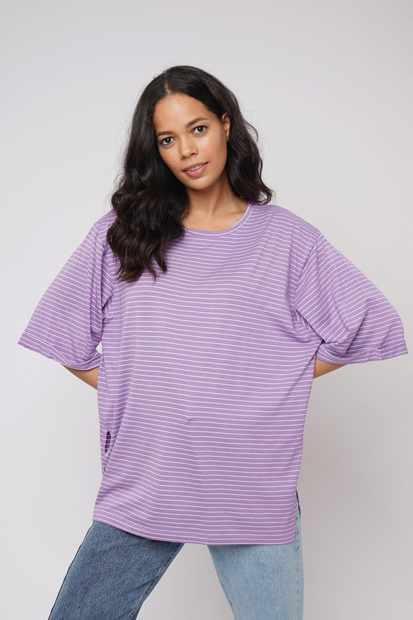 Yan Yırtmaçlı Çizgili T-shirt Lila Yan Yırtmaçlı Çizgili T-shirt Lila