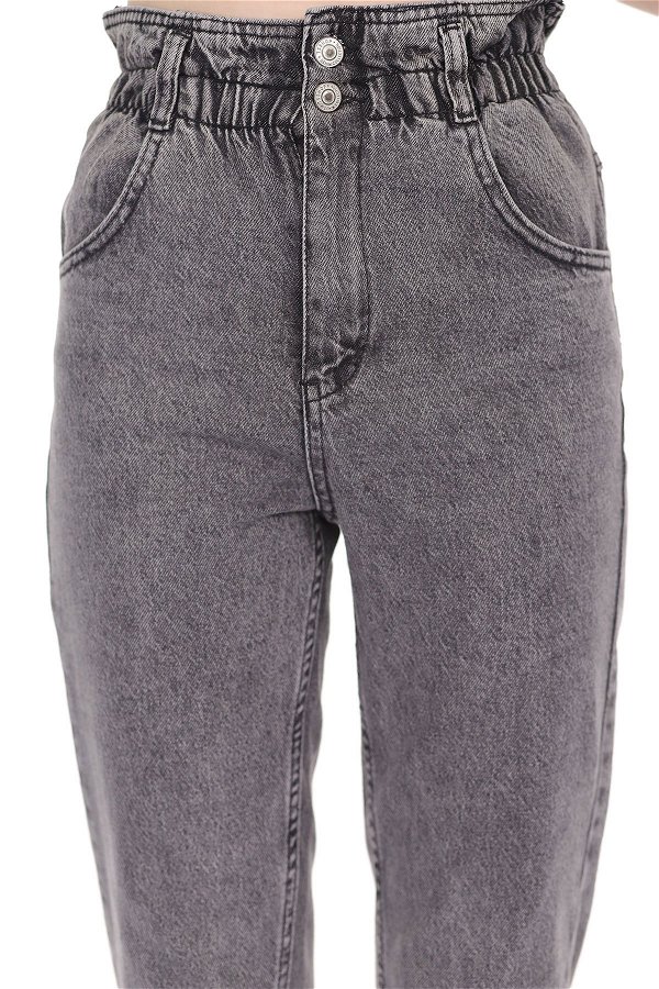 Yıkamalı Lastikli Mom Jeans Pantolon FUME
